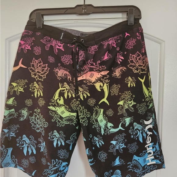 Hurley Men's Black and Multicolor Swim Shorts - Picture 1 of 5
